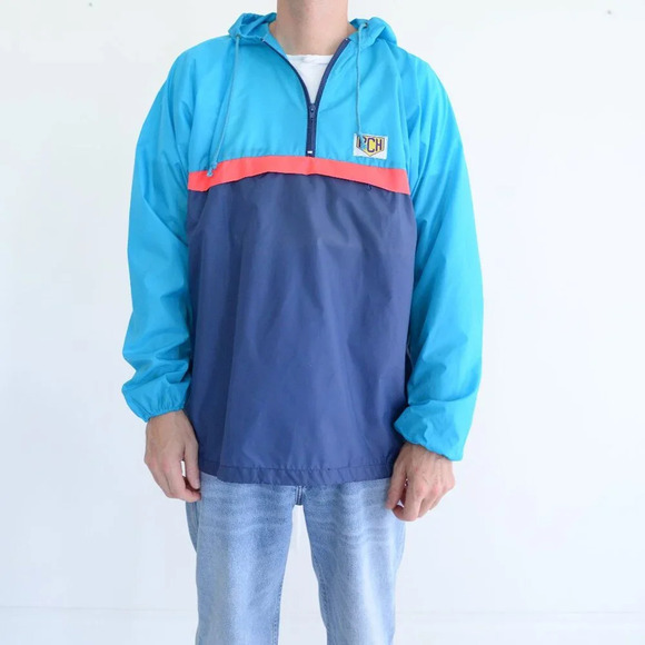Vintage  Pch Teal Navy Waterproof Nylon Hooded Half Zip Windbreaker Jacket G/L - Picture 1 of 10